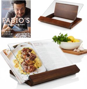 PICNIC TIME Fabio Viviani Prodigio Cookbook Stand with Tempered Glass and Signed Cookbook, Acacia Wood Recipe Holder for Cookbooks and Tablets, Fold Flat Kitchen Display Set, (Acacia Wood)