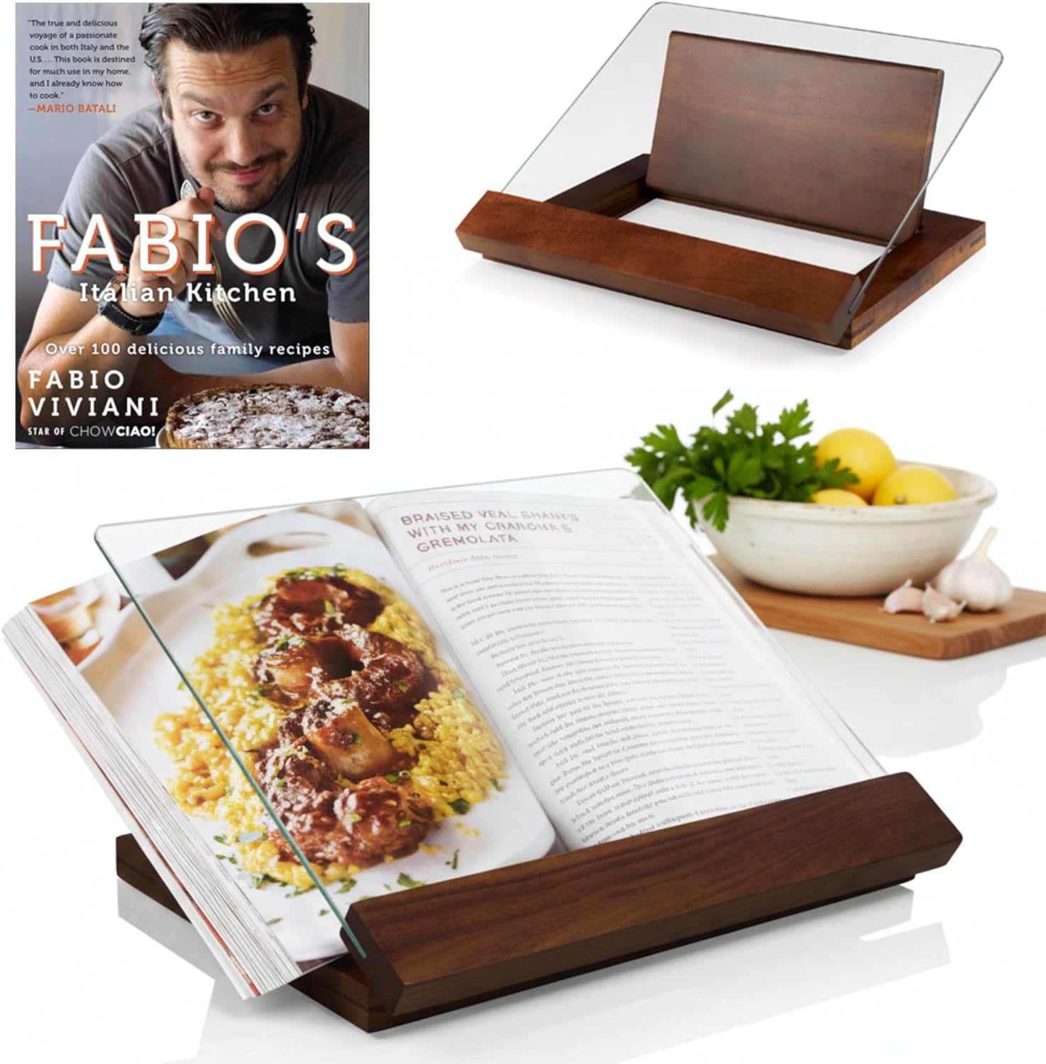 PICNIC TIME Fabio Viviani Prodigio Cookbook Stand with Tempered Glass and Signed Cookbook, Acacia Wood Recipe Holder for Cookbooks and Tablets, Fold Flat Kitchen Display Set, (Acacia Wood)