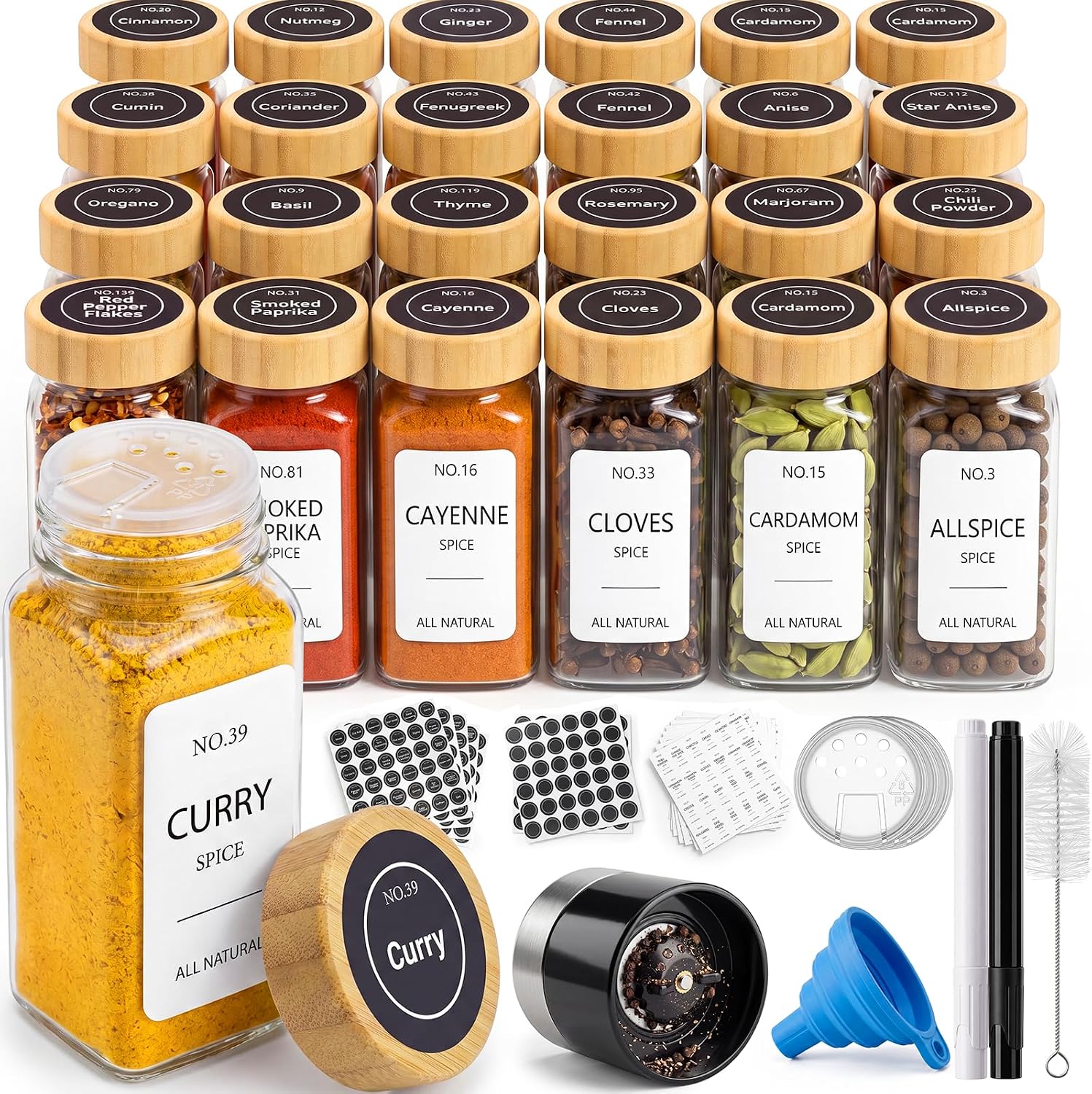 24 Pack Glass Spice Jars: 492 Lables & Pepper Grinder