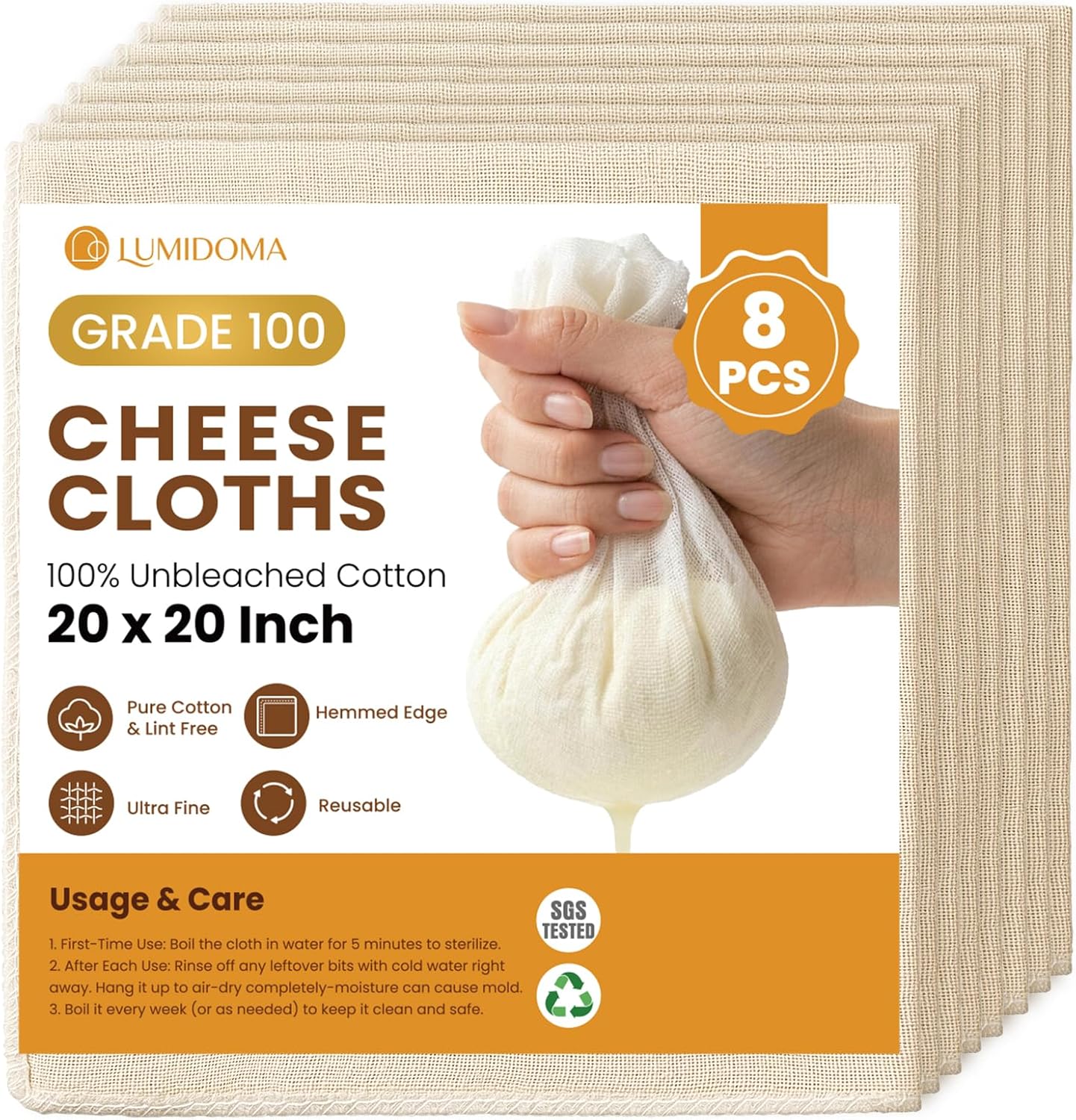 8-Pack Unbleached Cheese Cloths 20x20Inch, Hemmed Cheesecloth for Straining