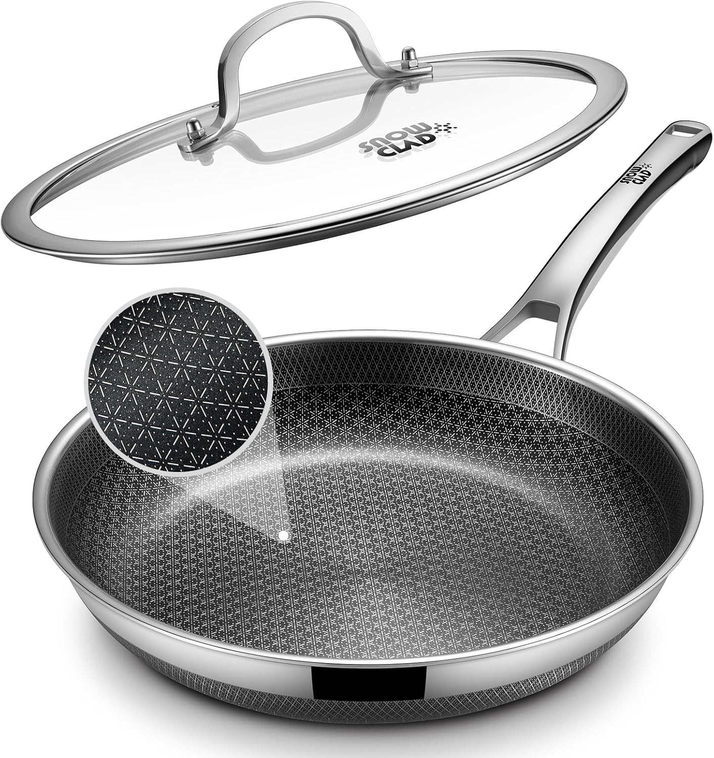 SNOWCLAD Non Stick Frying Pans,12-Inch Stainless Steel Skillet,Pan with Lid