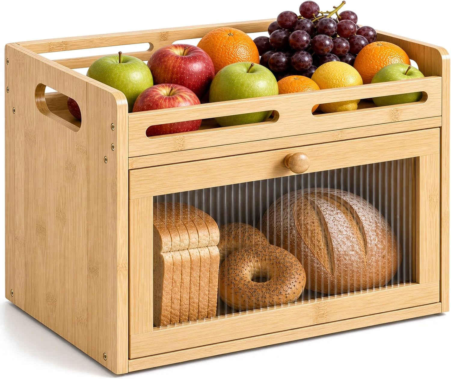 Bread Box for Kitchen Countertop, Bamboo Storage Container with Top Shelf