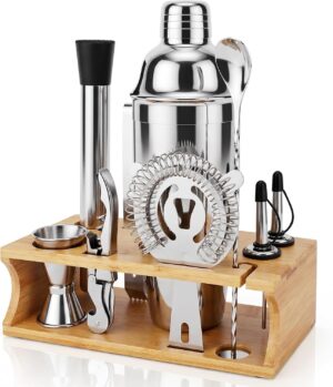 10PCS Stainless Steel Cocktail Shaker Set Bartender Kit with Stand