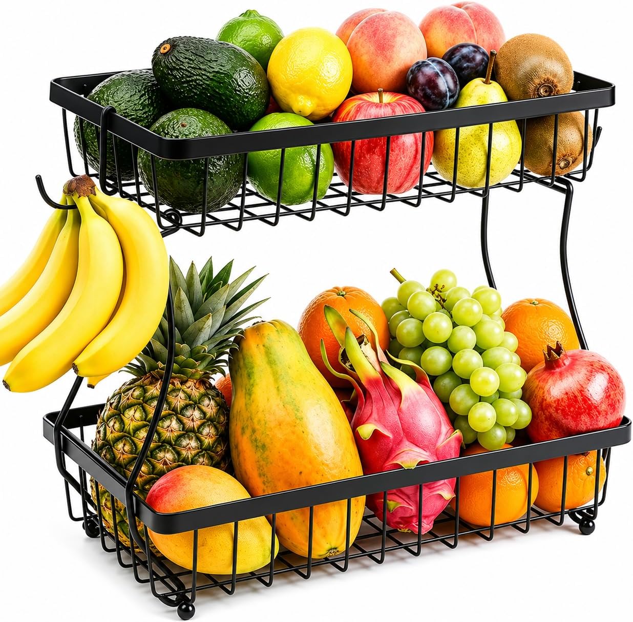 2-Tier Fruit Basket for Kitchen Counter with 2 Banana Hangers