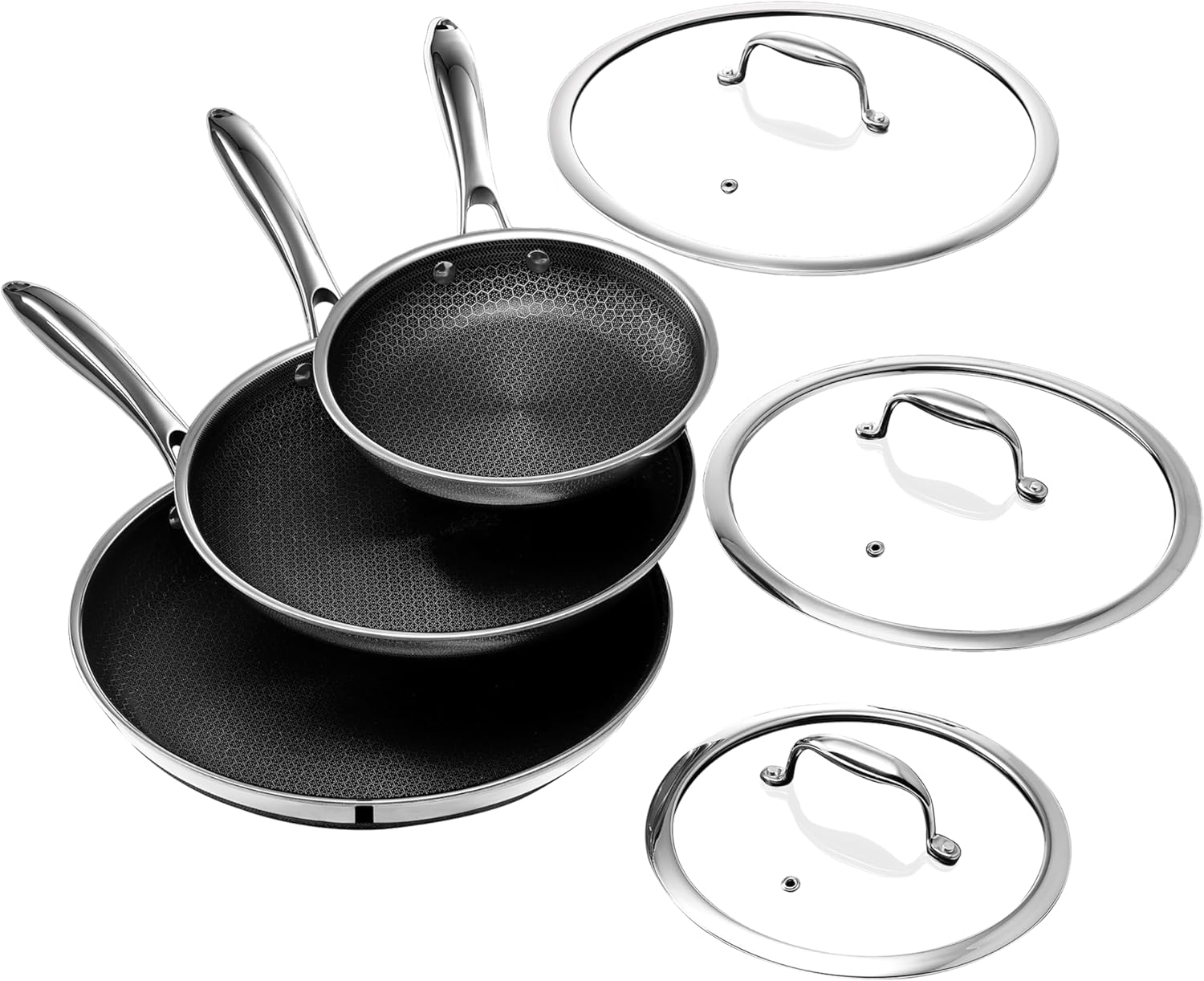 HexClad 6-Piece Hybrid Nonstick Frying Pans Set with Lids