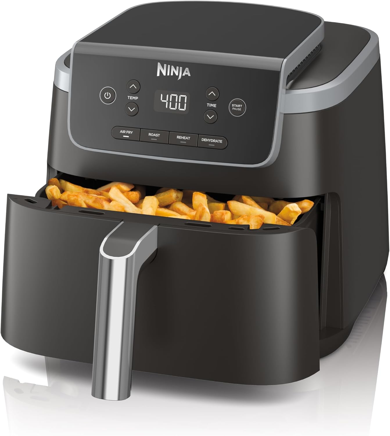 Ninja Air Fryer Pro 5 quart air fryer in a sleek grey finish, front view