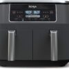 Front view of the grey Ninja 8 quart dual basket air fryer with two independent cooking zones.