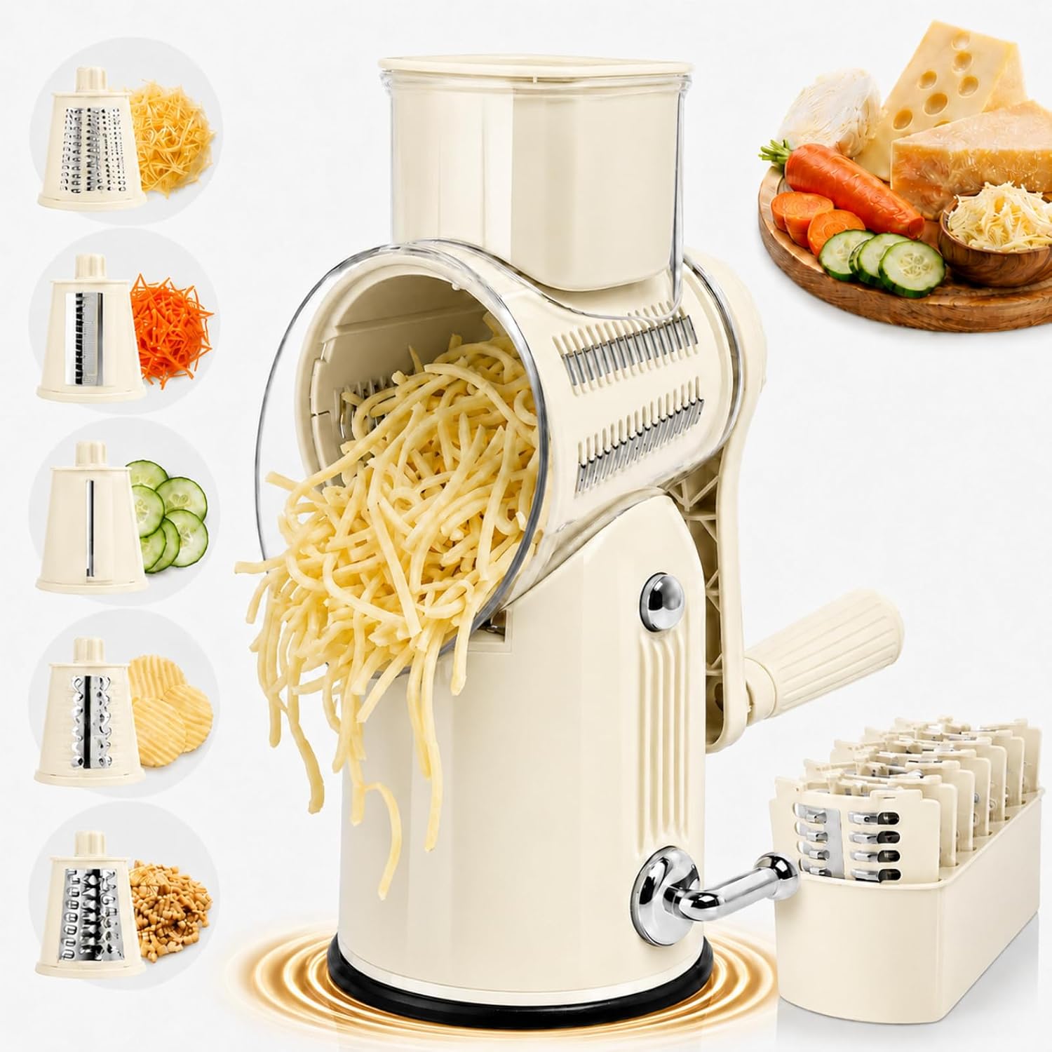 Safe 5-in-1 Rotary Cheese Grater with Suction Base