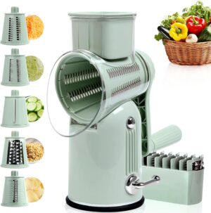 Fooyoubei green 5-in-1 rotary cheese grater featuring five stainless steel blades and a convenient storage box