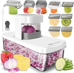 KEOUKE 8-in-1 vertical vegetable chopper in white featuring a compact storage design