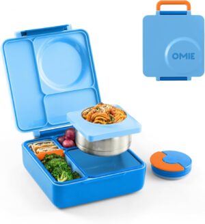 Blue Sky OmieBox insulated bento lunch box featuring a compact design for kids' meals.