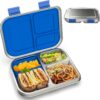 BOSEDSANG stainless steel bento box in blue with three compartments and a silicone container
