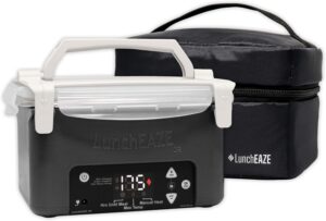 LunchEAZE Junior cordless heated lunch box in black, showcasing a compact and durable design for school use.