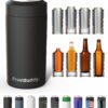 Front view of the Frost Buddy universal can cooler in a sleek matte black stainless steel finish.