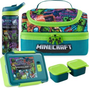 Full Minecraft kids lunch set featuring the 3-piece insulated bag, bento box, and water bottle
