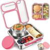 Pawtong pink stainless steel bento box featuring a 3-compartment layout and a transparent lid.