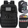 Front view of the MOZETO black insulated cooler backpack featuring a tactical design and dual-compartment layout.