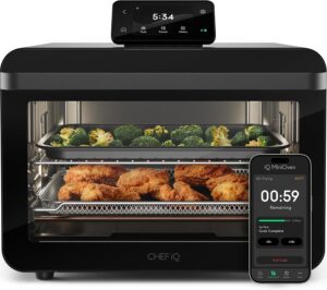 CHEF iQ MiniOven smart air fryer toaster oven with black finish and touchscreen control panel