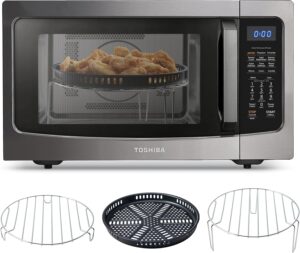 Toshiba 1.5 Cu.Ft 4-in-1 countertop microwave with air fryer in a modern kitchen setting.
