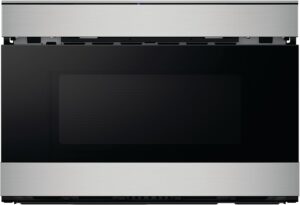 Sharp 24-inch smart microwave drawer featuring a modern stainless steel and black glass finish.