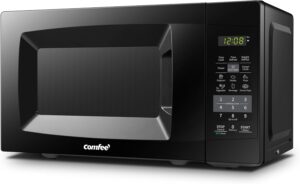 Front view of the COMFEE' 0.7 cu. ft. compact countertop microwave in sleek black finish.