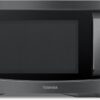 Front view of the sleek Toshiba 1.2 cu ft countertop microwave in a modern black stainless steel finish.