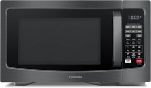 Front view of the sleek Toshiba 1.2 cu ft countertop microwave in a modern black stainless steel finish.