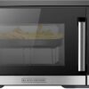 Front view of the BLACK+DECKER 0.9 Cu.Ft microwave air fryer combo with a sleek countertop design.