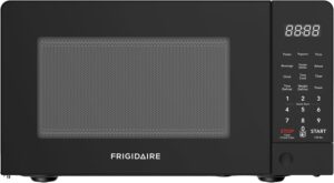 Front view of the compact 0.7 cu ft microwave in sleek black finish with digital control panel