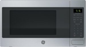 Front view of the GE 1.6 Cu. Ft. stainless steel countertop microwave with sleek digital display.