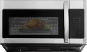 Front view of the stainless steel 1.5 cu.ft. over the range microwave with air fryer installed in a kitchen.