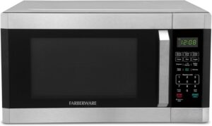 Front view of the Farberware 1.6 cu ft countertop microwave featuring a sleek stainless steel finish.