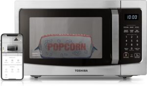 Front view of the Toshiba 1.3 Cu.Ft. smart countertop microwave in black stainless steel finish.