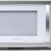 Front view of the Farberware 1.1 cu ft countertop microwave in a sleek white platinum finish.