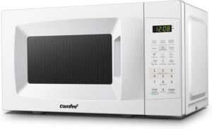 Front view of the COMFEE' 0.7 Cu. Ft. compact countertop microwave in pearl white