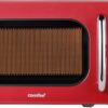 Front view of the COMFEE' small retro microwave in vibrant red with a chrome-styled handle and digital display.