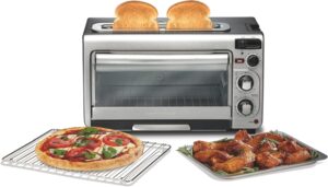 Hamilton Beach 2-in-1 toaster oven combo in a modern kitchen setting