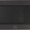 Front view of the sleek black stainless steel GE countertop microwave with digital control panel