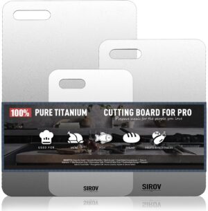 Sirov 3-piece pure titanium cutting board set arranged neatly on a modern kitchen countertop.
