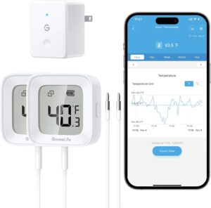 GoveeLife WiFi freezer thermometer 2-pack kit with gateway and LCD displays for home food safety.