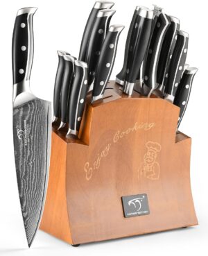 Nanfang Brothers 16-piece Damascus knife set including wood storage block