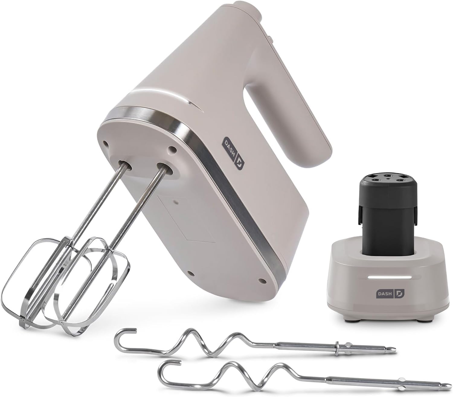 Dash Cordless Hand Mixer in elegant French Grey shown on its charging stand