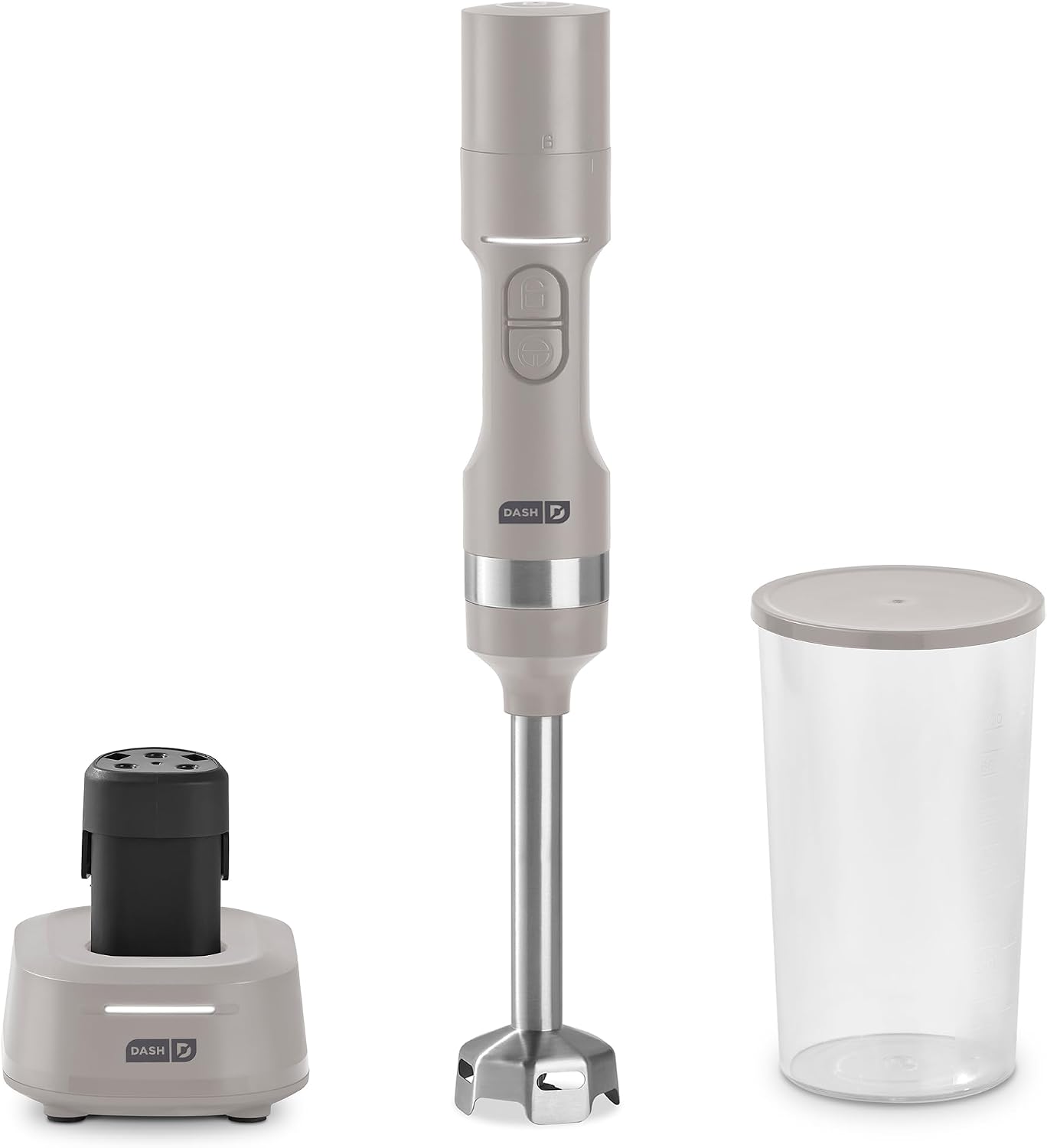 Dash cordless immersion blender in French Grey resting on its sleek matching charging stand