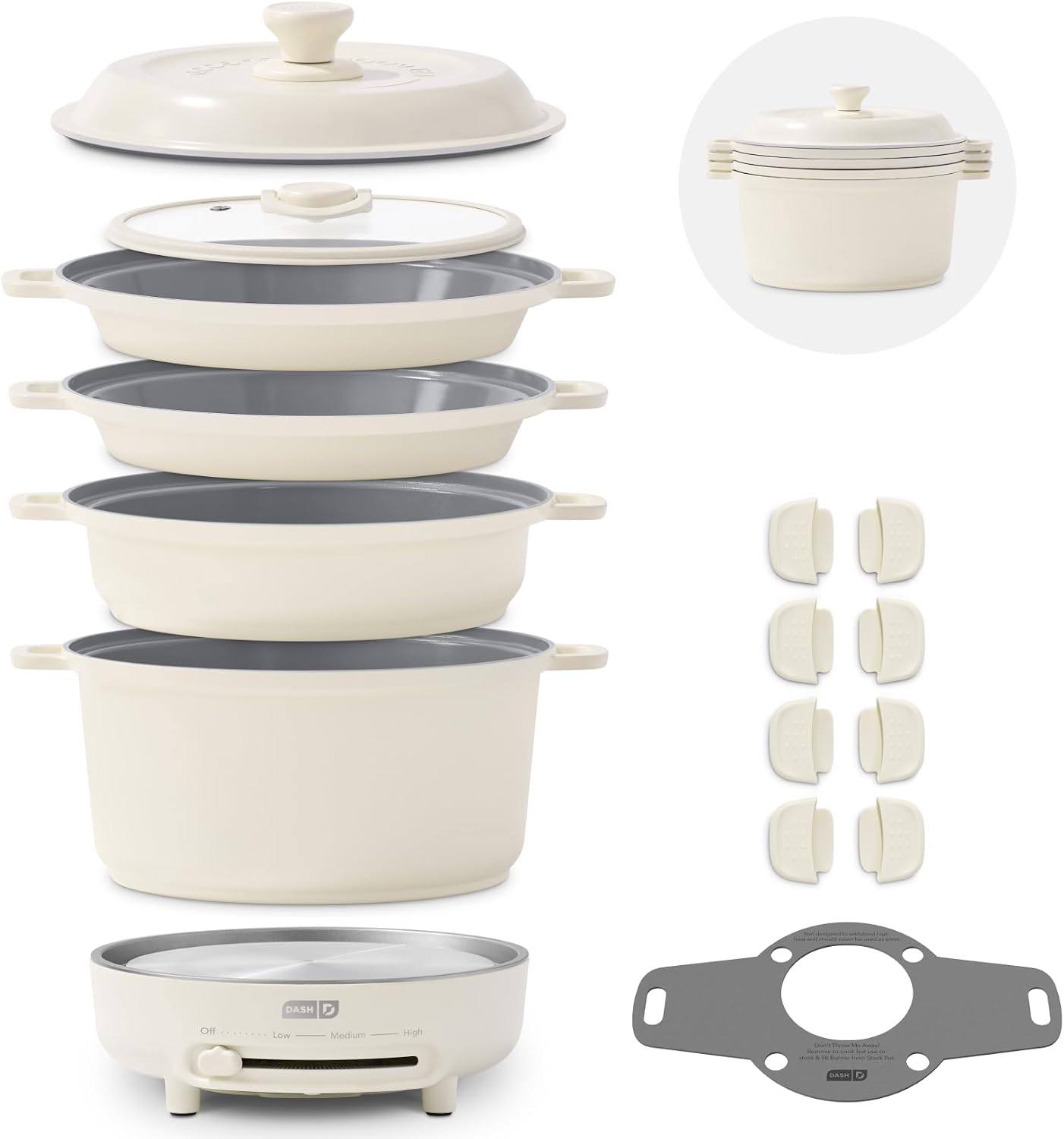 Full 16-piece Dash Stacks ceramic nonstick cookware set in cream finish arranged for display