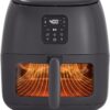 Front view of the Dash 6 quart infrared air fryer with sleek digital display and modern black finish.