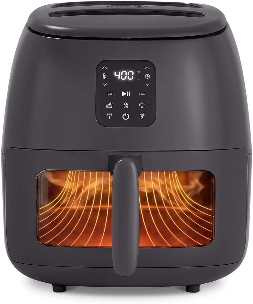 Front view of the Dash 6 quart infrared air fryer with sleek digital display and modern black finish.