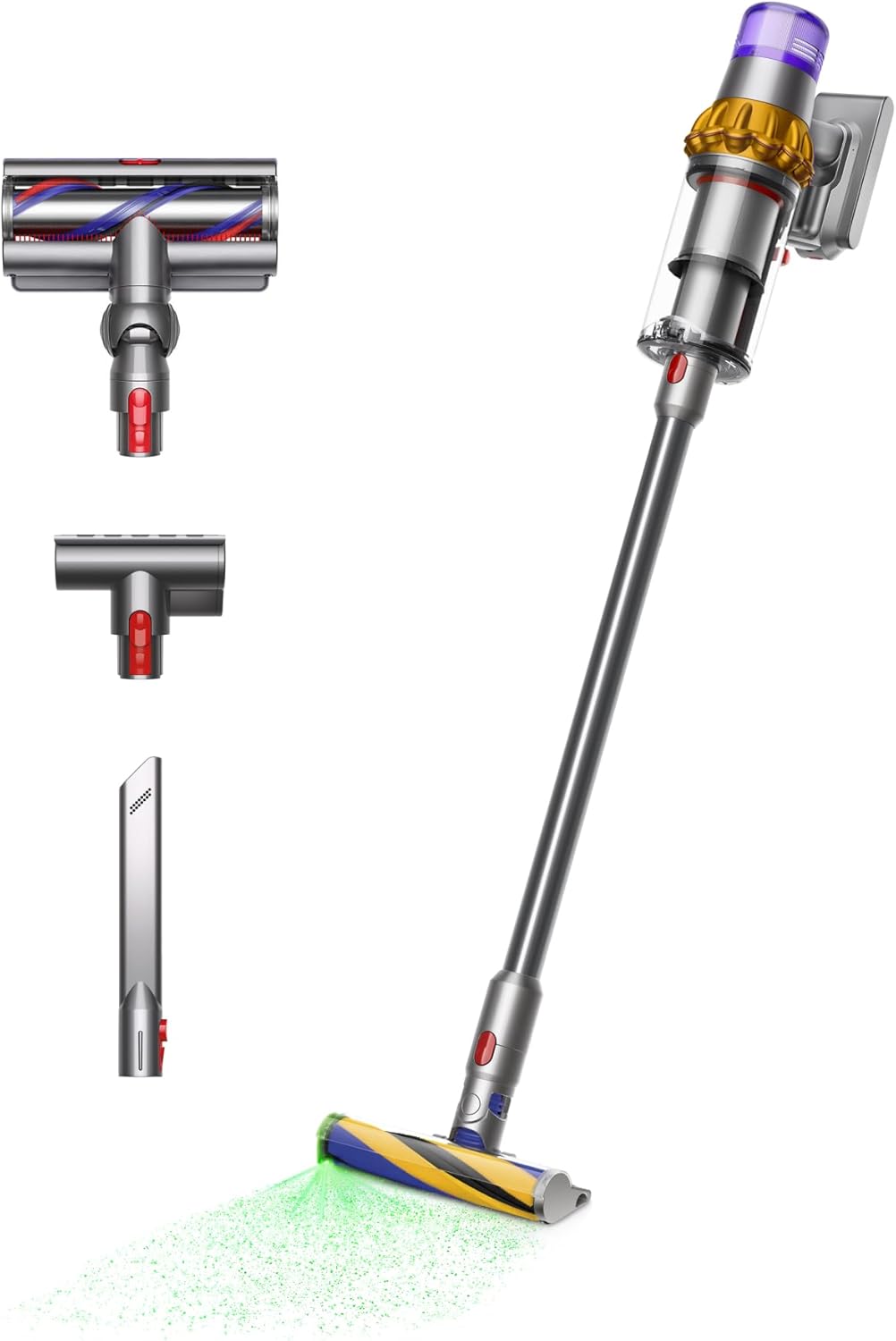 The Dyson V15 Detect cordless vacuum shown as a complete unit for whole-home deep cleaning.
