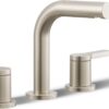 Front view of the KOHLER Elate widespread bathroom sink faucet in a vibrant brushed nickel finish