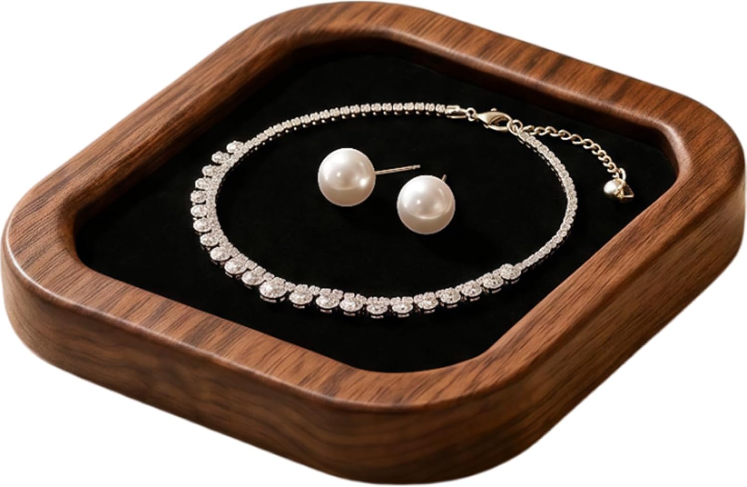 LIFHUB square wooden jewelry tray crafted from rich walnut wood with a black velvet lining.