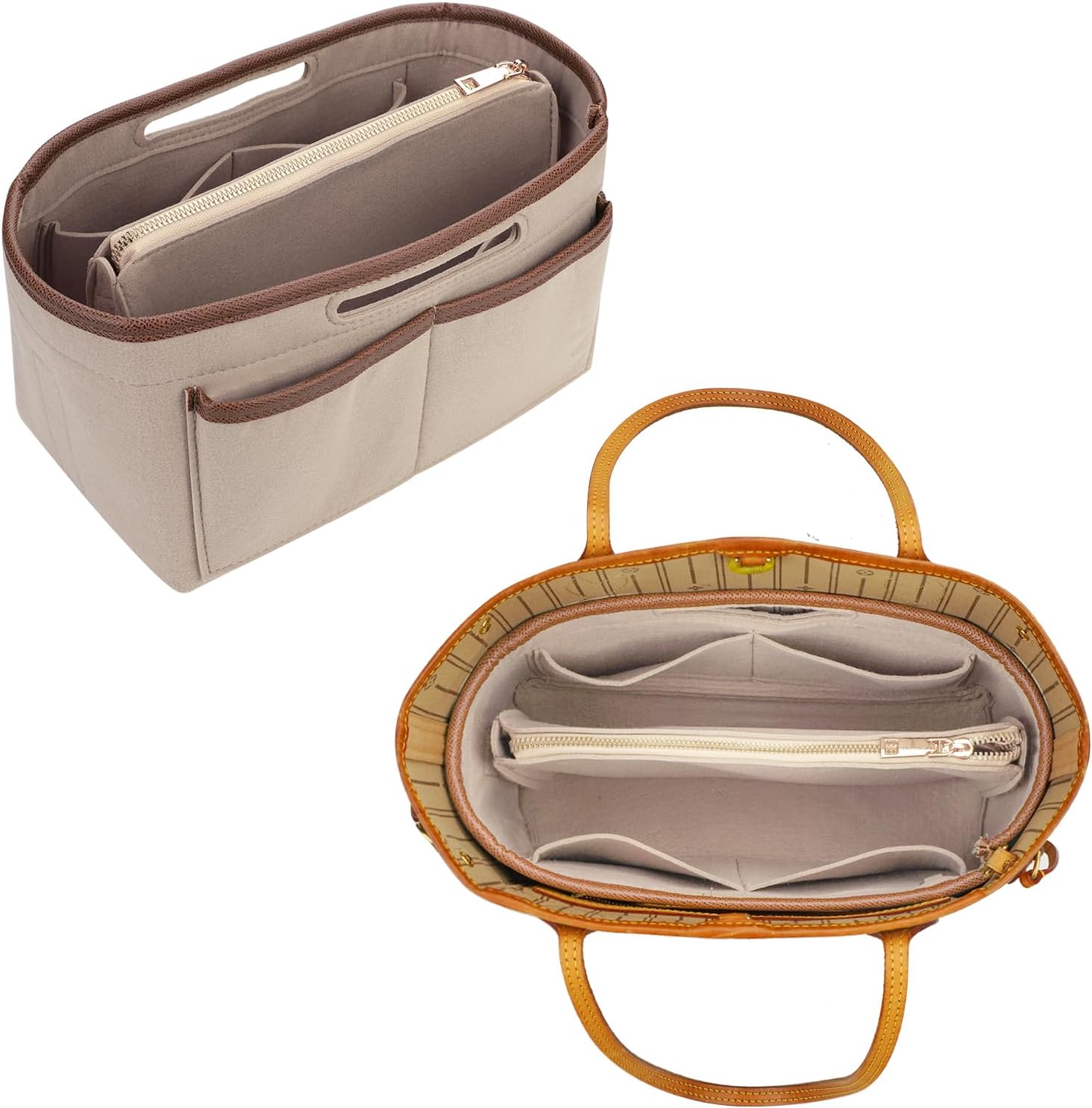 ZTUJO Extra Large beige felt purse organizer insert shown empty to display the structured shape.